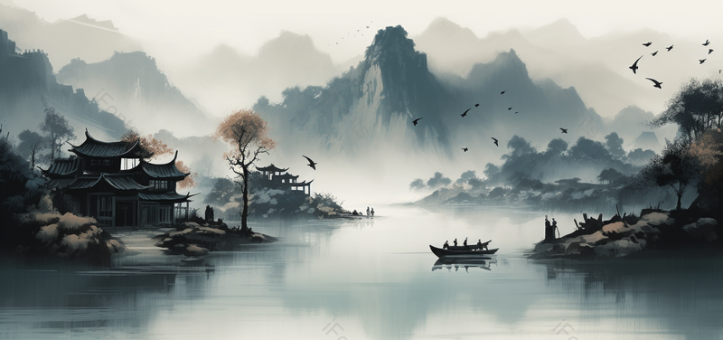一行人在等船中国风意境水墨画背景,插画/手绘图,插画/手绘图库,插画/手绘图下载,插画/手绘